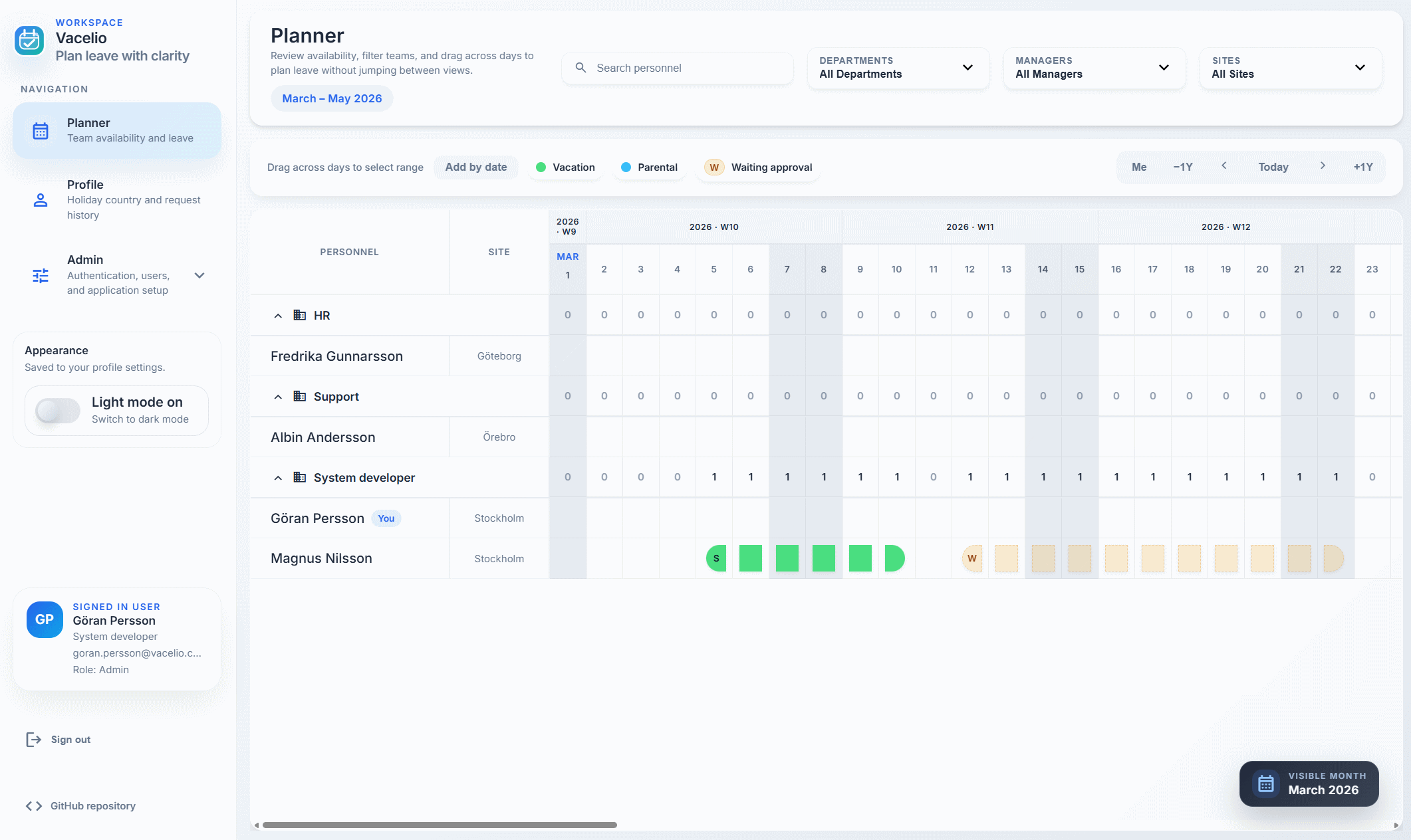 Vacelio Visual Vacation Planner Displaying Employee Leave